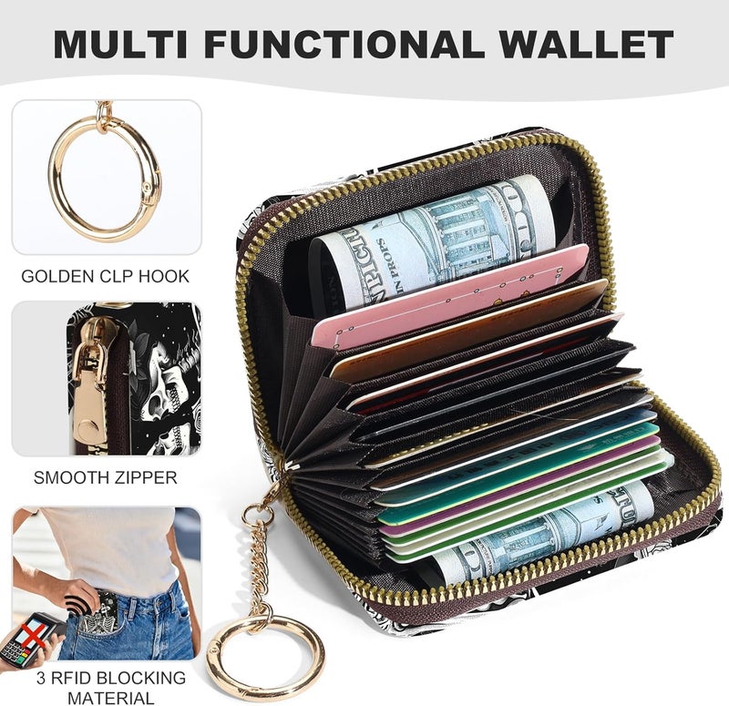 Luoycxy Credit Card Holder for Women,Small Rfid Wallet with Keychain Zipper,Cute PU Leather Card Case Wallet，Accordion Credit Card Wallets Gift,Skeleton Couple - Image 2